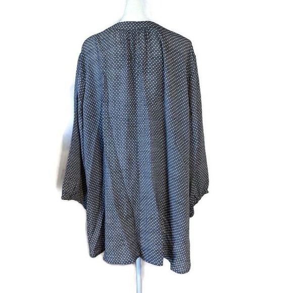Womens Plus 2X Boho Career Casual Grey Polk Dot Bell Sleeve Lace Up Neck Blouse - Picture 2 of 13